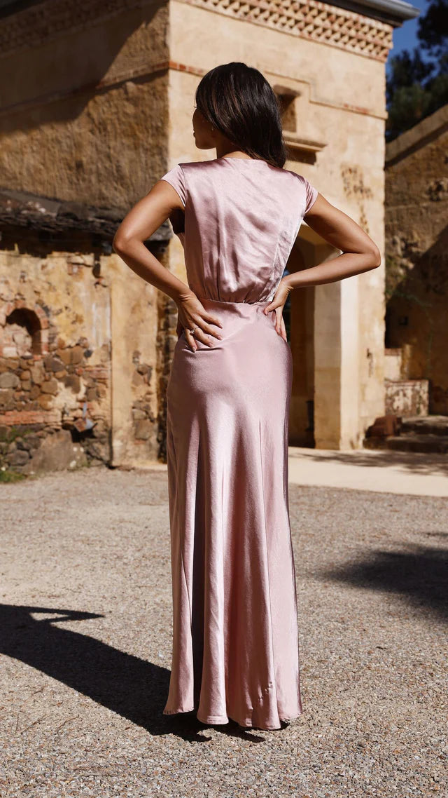 Jimiss deep V-neck short sleeved satin and floor length Prom dress